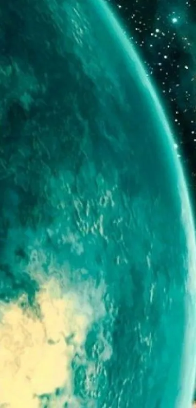 Mystical teal planet surrounded by cosmic stars.