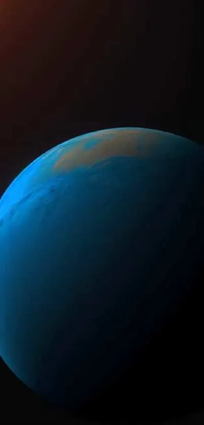 A stunning view of a blue planet in space with a glowing light source.