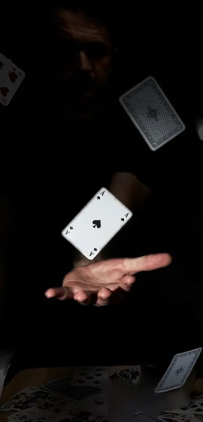 Floating playing cards with a mystical dark theme.