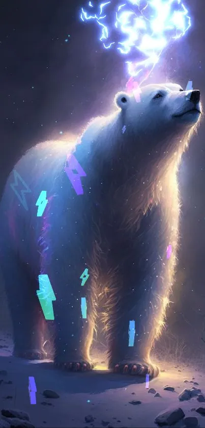 Mystical polar bear under a starry sky with ethereal lights.
