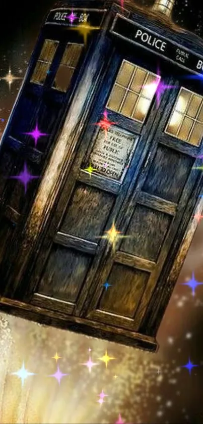 Mystical police box wallpaper with vibrant stars in space.