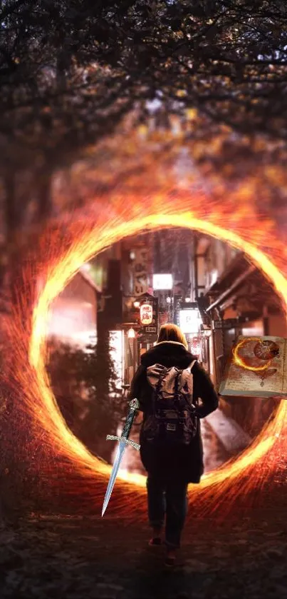 A lone adventurer steps through a fiery portal into an urban alley.