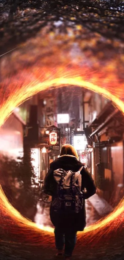 Mystical portal leading to city alley with fiery circle glowing.