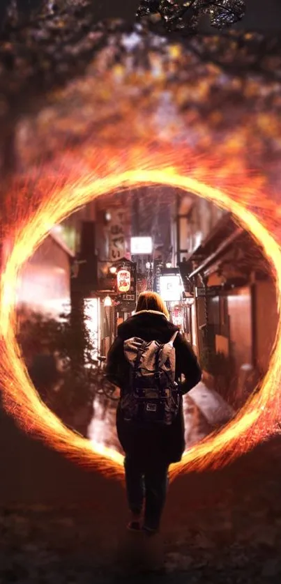 A person walking towards a fiery portal in a city street at night.