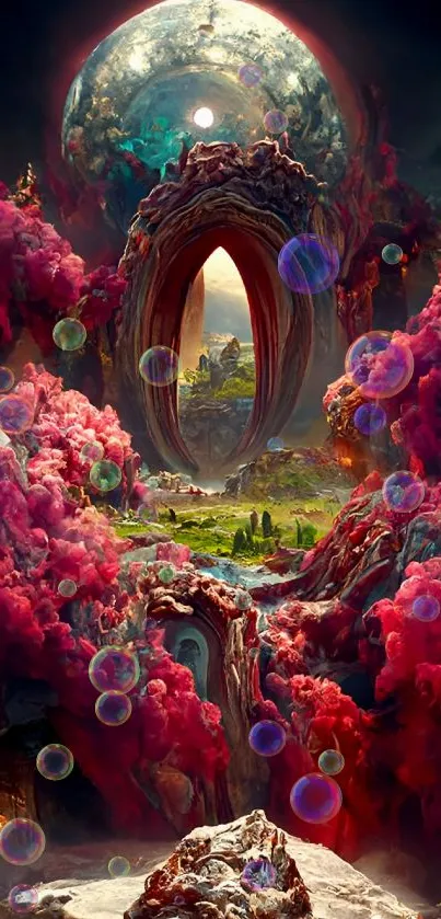 Vibrant fantasy wallpaper with mystical portal and surreal landscape.