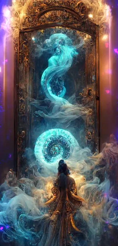 Fantasy art wallpaper depicting a mystical portal with blue and golden hues.