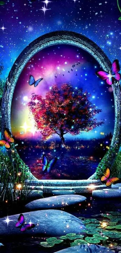 Mystical portal with cosmic tree and butterflies.