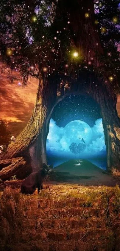 Mystical portal within a giant tree under a starry sky.