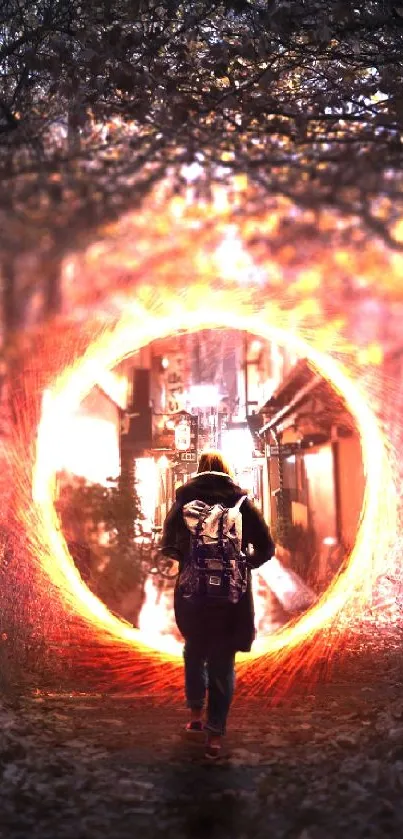 A traveler discovers a glowing portal in a mystical forest.
