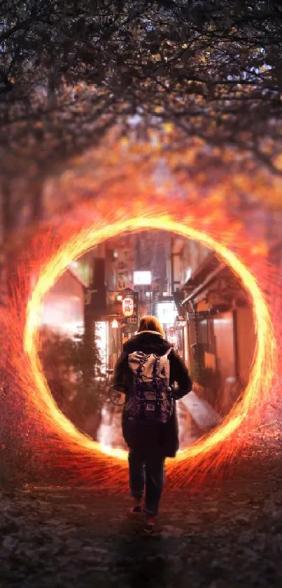 A person walking through a glowing portal in a dark forest.