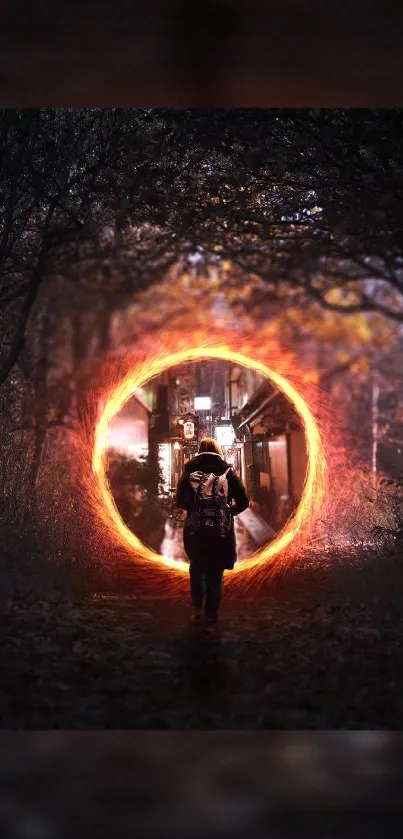 Person enters glowing portal in dark forest.