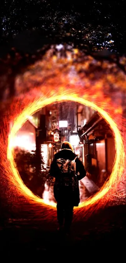 Person entering a fiery portal in a dark forest setting.
