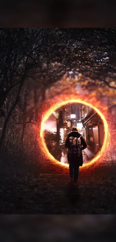 A person walking towards a mystical glowing portal in a dark forest.