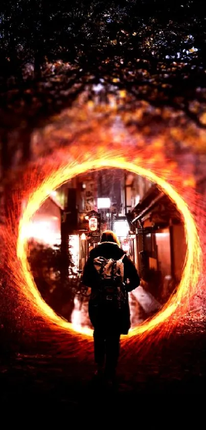 Person standing before a glowing mystical portal in a dark forest.