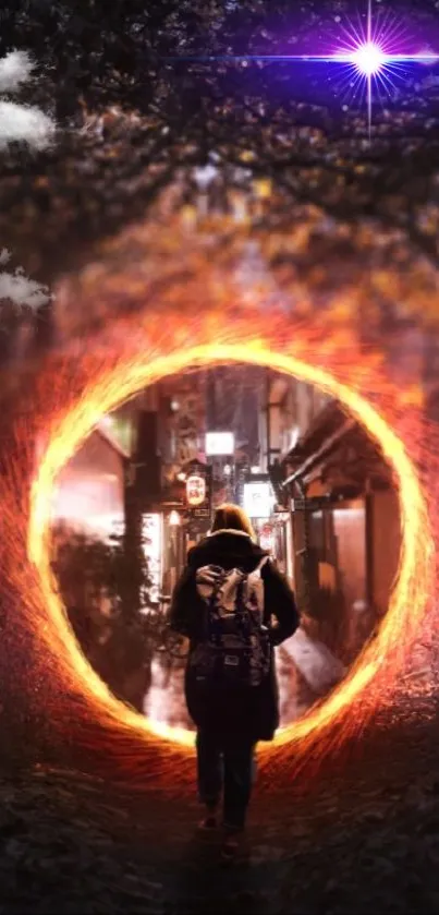 Mystical fire portal in urban mobile wallpaper.