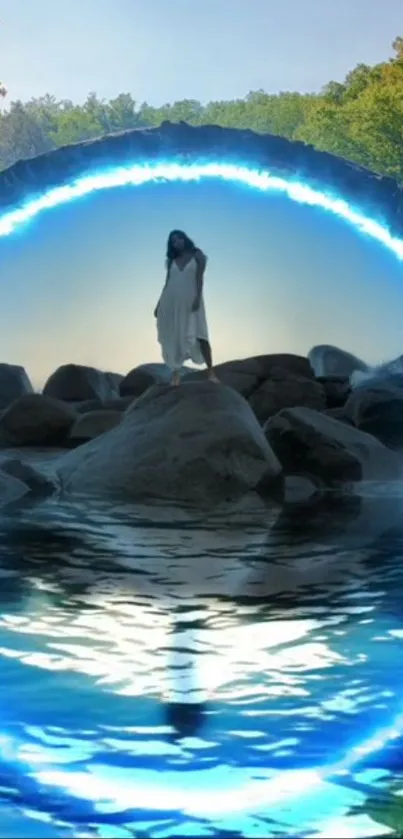 Woman standing on rocks by a blue, glowing portal and water.