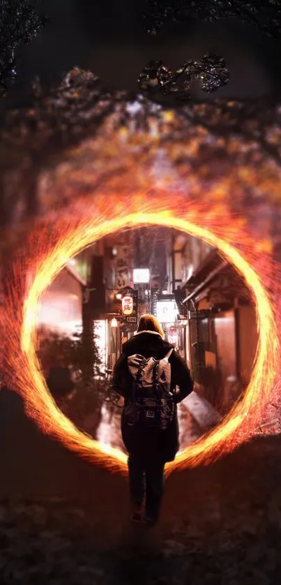 A lone figure walks through a fiery mystical portal in an urban alley.