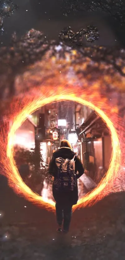 Person walking through a glowing portal in a mystical cityscape.