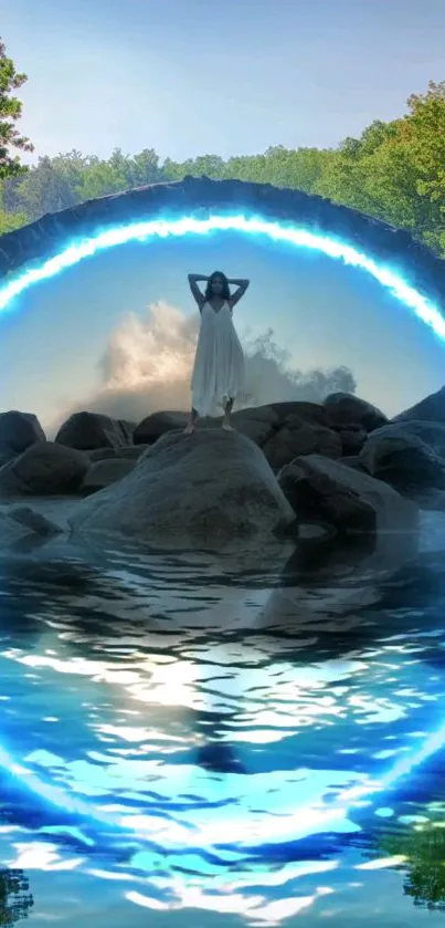 A mystical portal over rocks and water with a woman in a flowing dress in a nature scene.