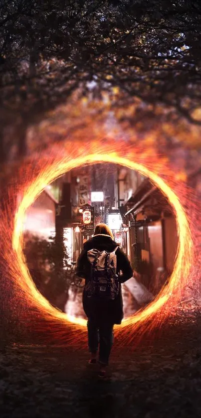 Person walking into a glowing portal surrounded by trees at night.