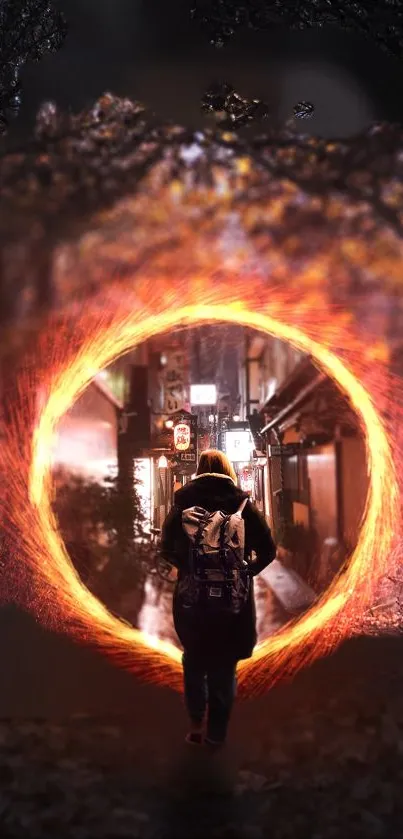 A person walks through a glowing mystical portal in an urban setting.