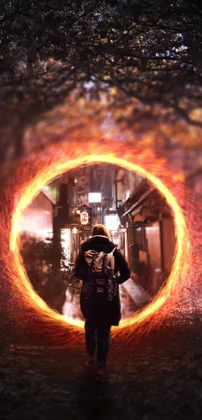 A mystical portal glowing in a dark forest path at night.