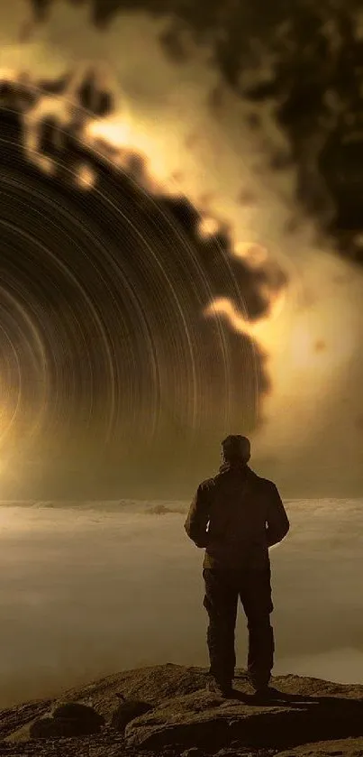 Man stands before a cosmic portal surrounded by ethereal clouds and light.