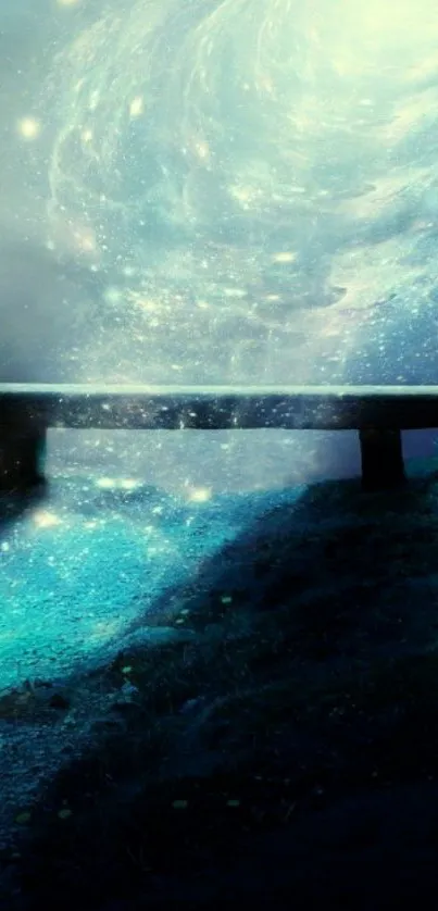 Mystical portal with bench under cosmic sky wallpaper.