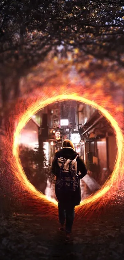 A person steps through a glowing portal in a dark, mystical forest scene.
