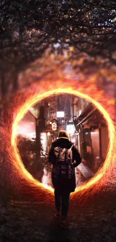 Person walking through glowing orange portal in urban setting wallpaper.