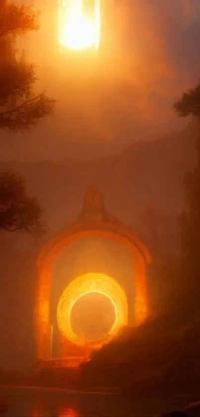 Mystical portal wallpaper with glowing light and orange hues in a scenic setting.