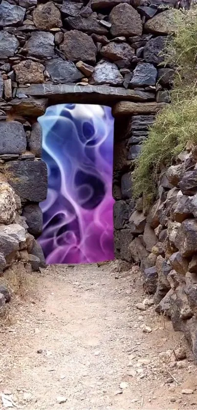 Mystical portal in ancient stone wall with vibrant colors.