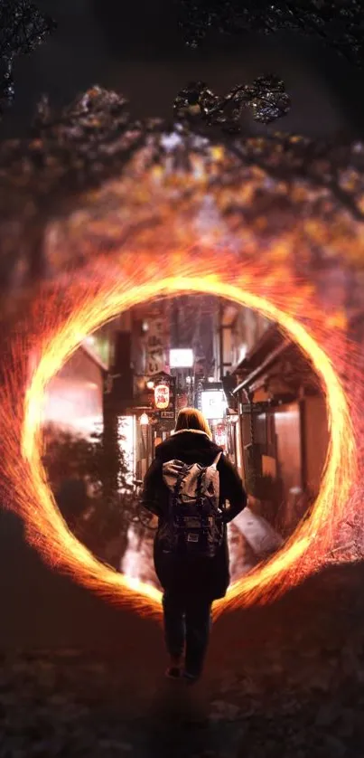 Person enters fiery portal to a mysterious urban alley at night.