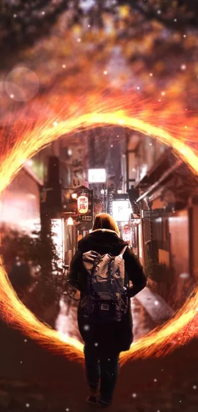 Traveler walking through fiery portal into mysterious alley.