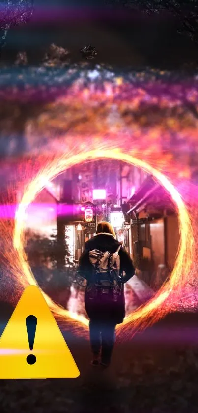 A person walks through a glowing portal into a vibrant, urban alley at night.