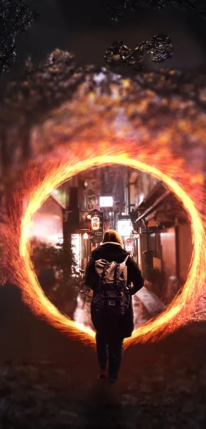 A person steps through a glowing portal in a dark urban alley, venturing into the unknown.