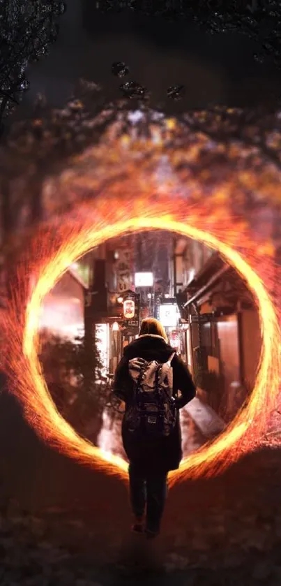 Person walking through a fiery portal in an alley.