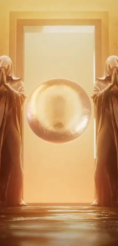 Mystical portal with golden robed figures and glowing sphere.