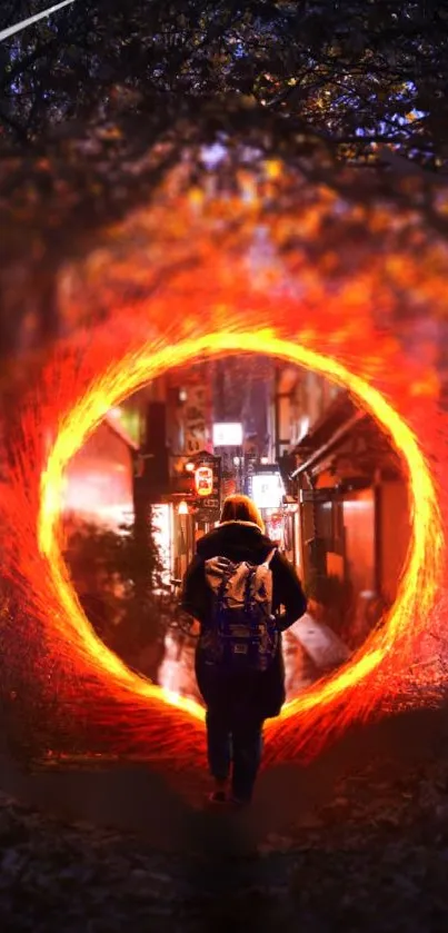 Person walking into glowing portal on street.