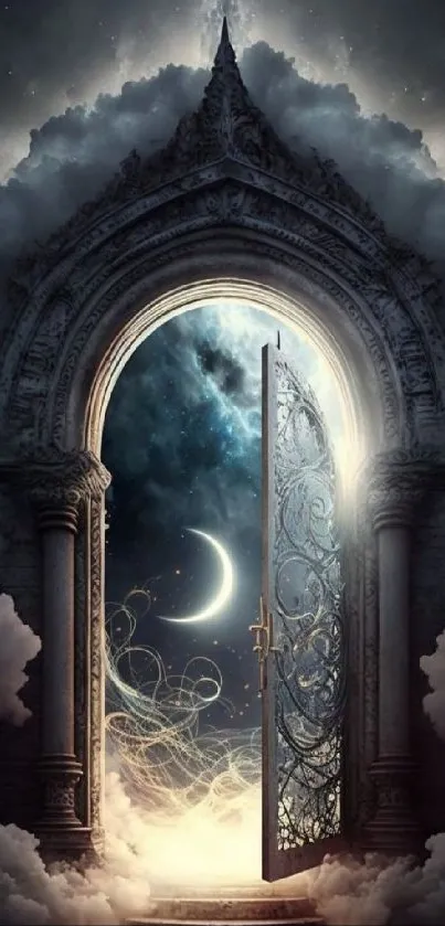 Mystical portal with ornate door under crescent moonlight and cloudy sky.