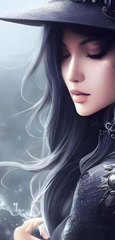 Mystical female portrait with a grey color palette, ideal for mobile wallpaper.