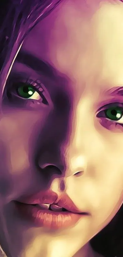 Mystical purple portrait with green eyes and artistic flair for mobile wallpaper.