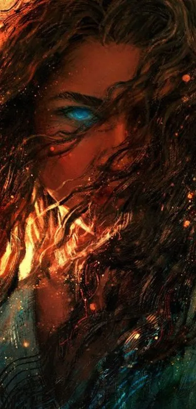 Fantasy art of a mystical woman with glowing blue eyes and flowing hair.