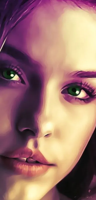 Mystical portrait with green eyes and purple hues for mobile wallpaper.