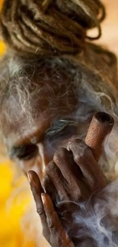 Mystical portrait with dreadlocks and smoke on golden background.