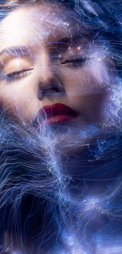 Mystical portrait with ethereal lighting in dark blue tones.