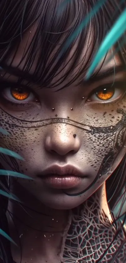 Mystical woman with orange eyes and leafy background.