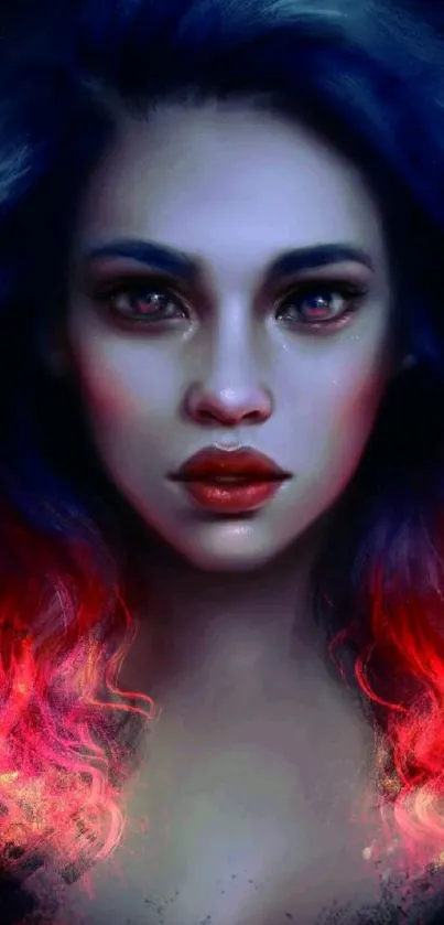 Mystical portrait digital wallpaper with blue and red hues.