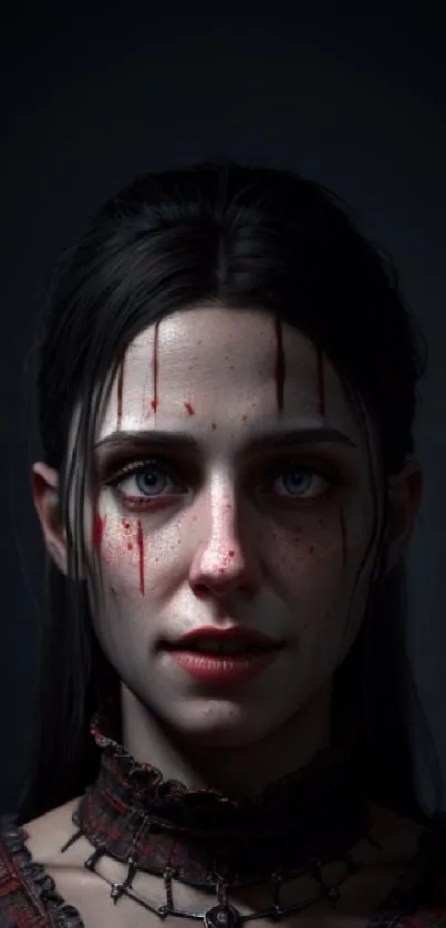 Mystical portrait of a character with red details in a dark setting.