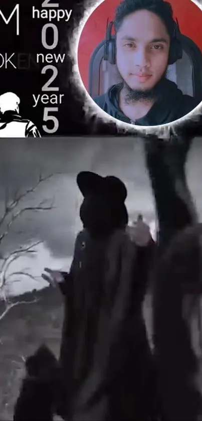 Mystical phone wallpaper with abstract art and a portrait.